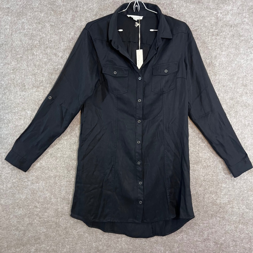 LOVESTITCH Button Down Tunic Shirt Womens Large Black Tencel Utility Gorpcore